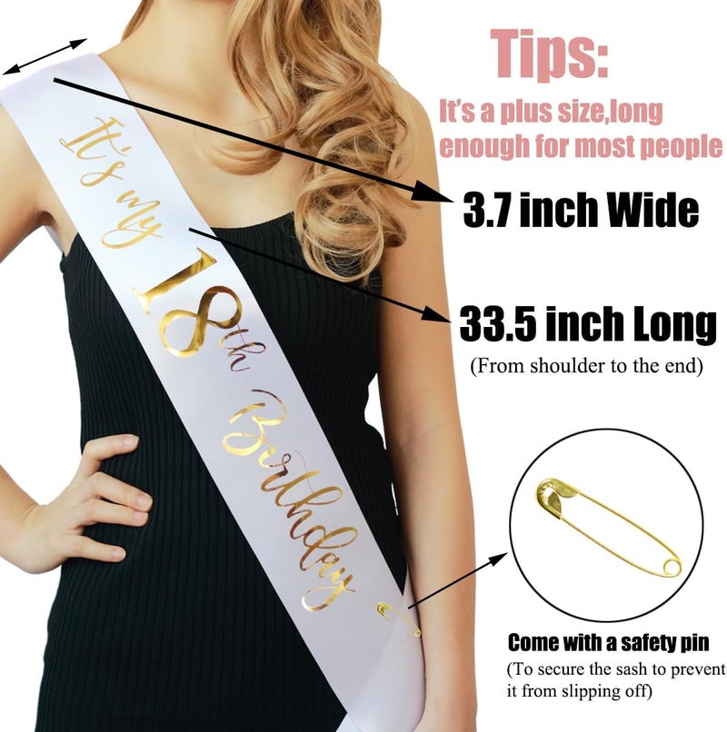 Docooniver It's My 18th Birthday Sash White with Rose Gold Foil Lettering for Girls. - Image 4